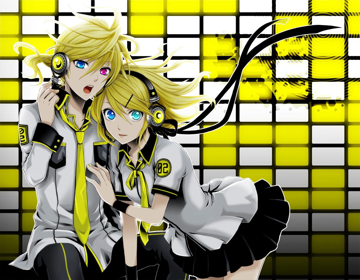 wool vocaloid kagamine len kagamine rin headphones heterochromia